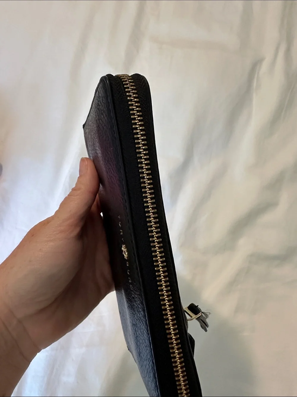 Tory Burch Black Pebbled Leather Zip-Around Wallet with Gold Logo